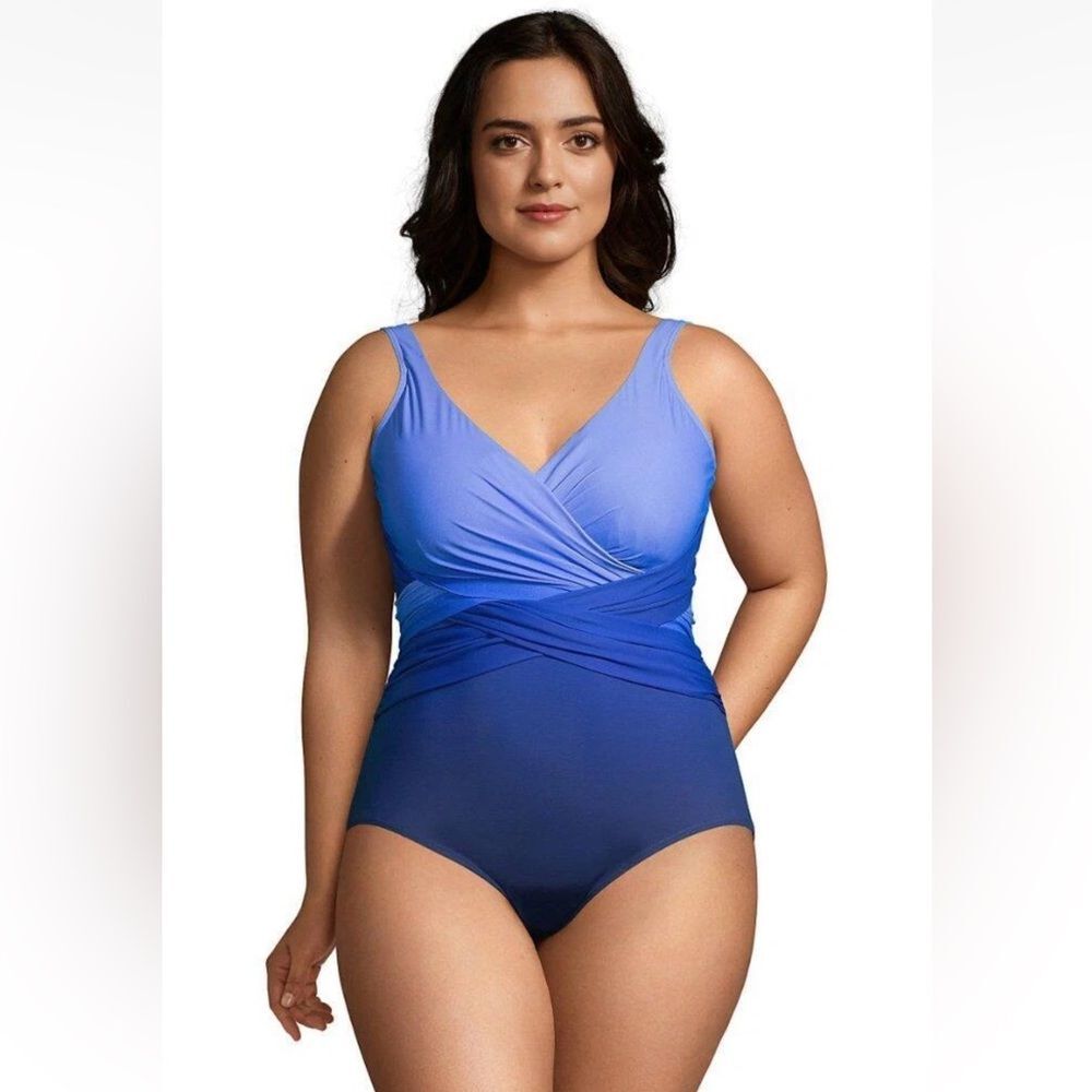 Lands' End SlenderSuit Wrap One Piece Blue Swimsuit Bathing Suit Plus Size 22W